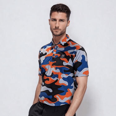 male model wearing urban camo golf polo shirt