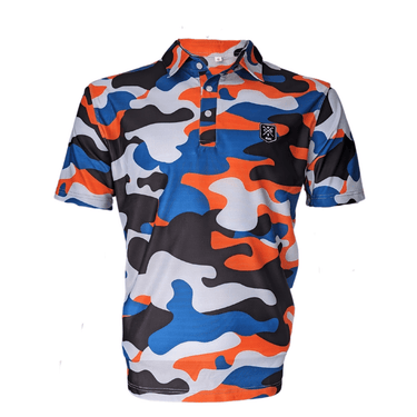 A polo shirt with a multicolor camouflage pattern, predominantly in blue, orange, and black, with a button-up collar.