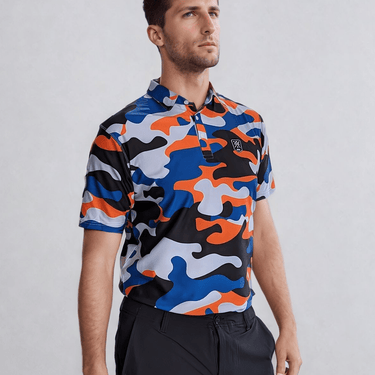 male model side view of urban camo golf shirt