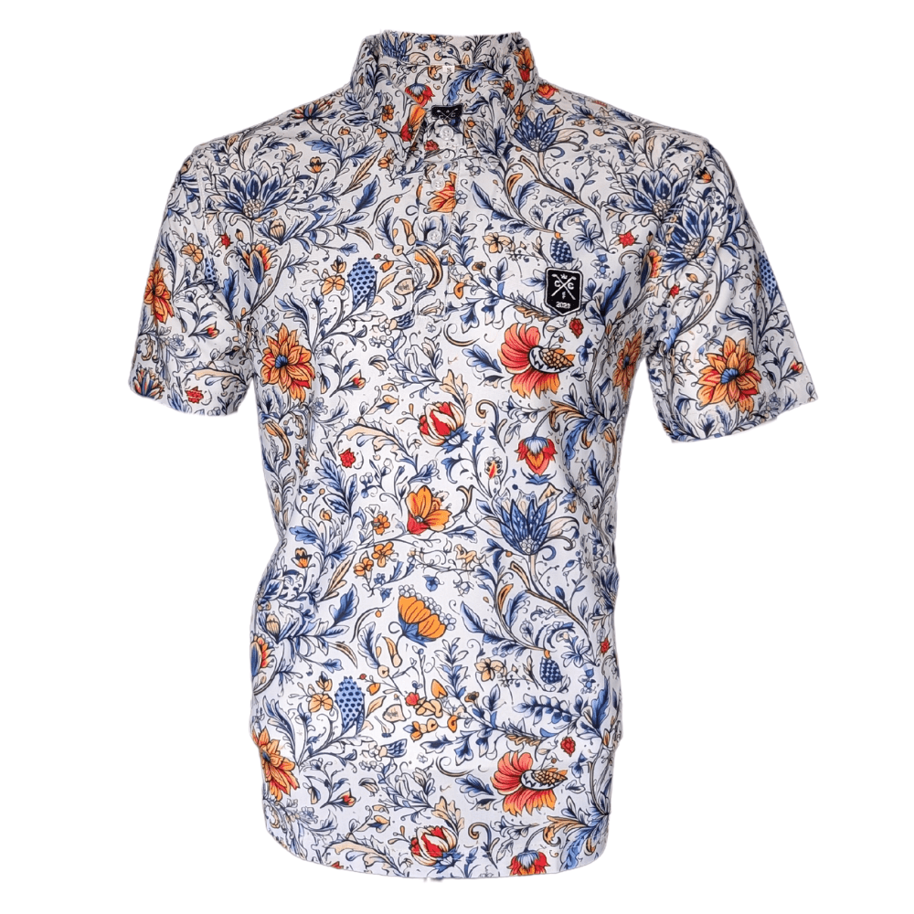 A short-sleeved men's golf polo shirt with a vintage floral pattern in white, blue, and red colors.