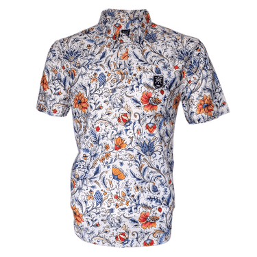 A short-sleeved men's golf polo shirt with a vintage floral pattern in white, blue, and red colors.